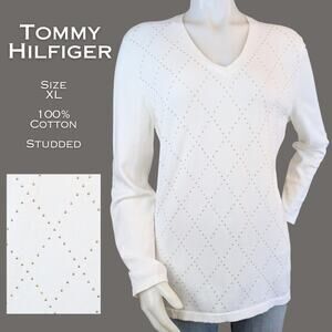 Tommy Hilfiger Sweater XL White Cotton Gold Studded Argyle V Neck Long Sleeve